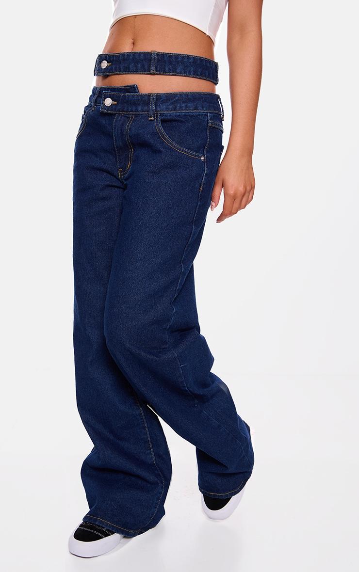 Indigo Cut Out Detail Cargo Pocket Wide Leg Jeans Product Image