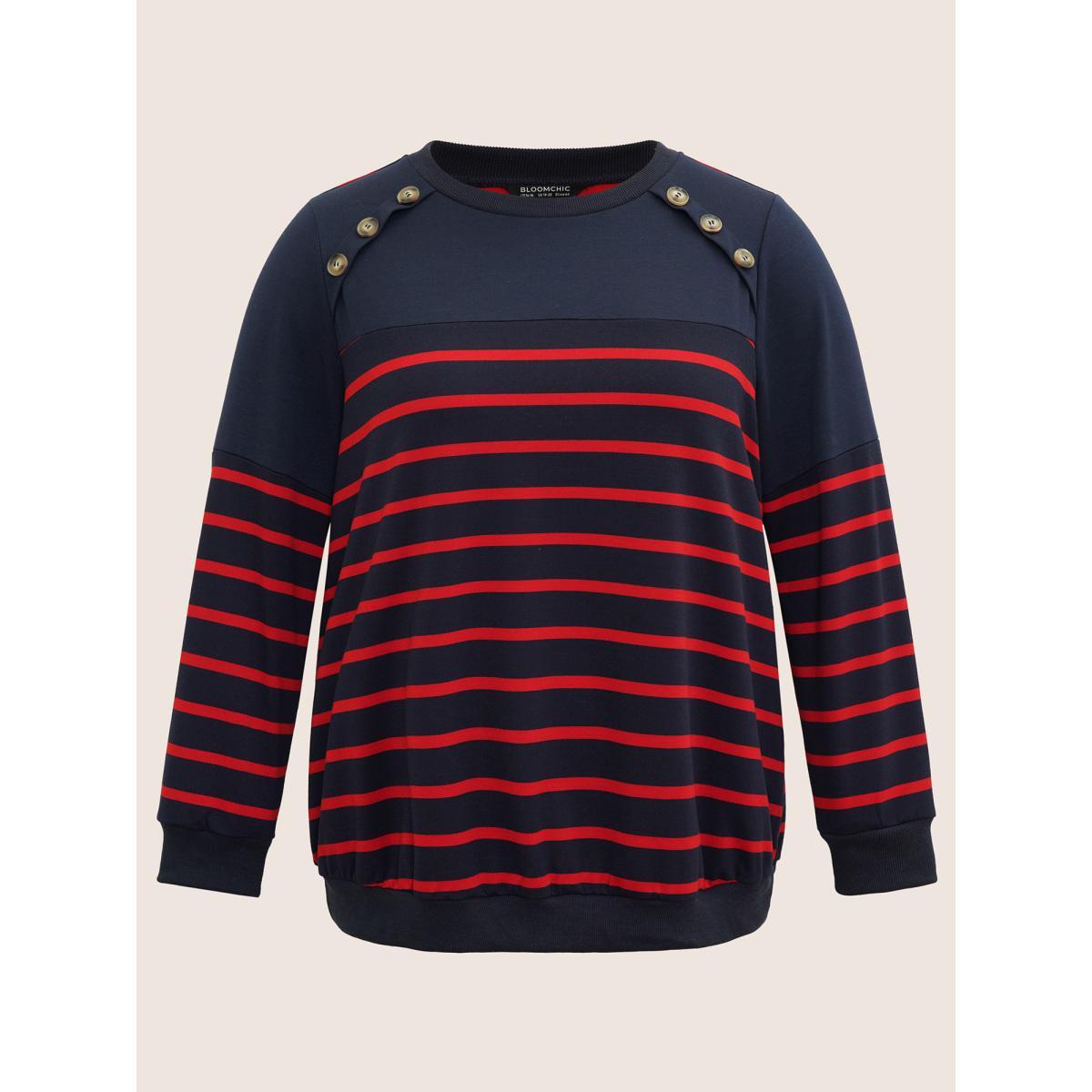 Plus Size Striped Patchwork Button Detail Sweatshirt Women Midnight Casual Non Round Neck Everyday Sweatshirts BloomChic 12/L Product Image