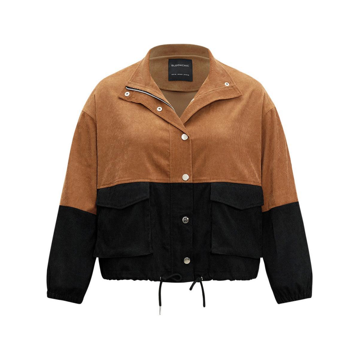 Plus Size Two Tone Zipper Pocket Button Up Jacket Women Black Elastic cuffs Pocket Dailywear Jackets BloomChic 28/5X Product Image