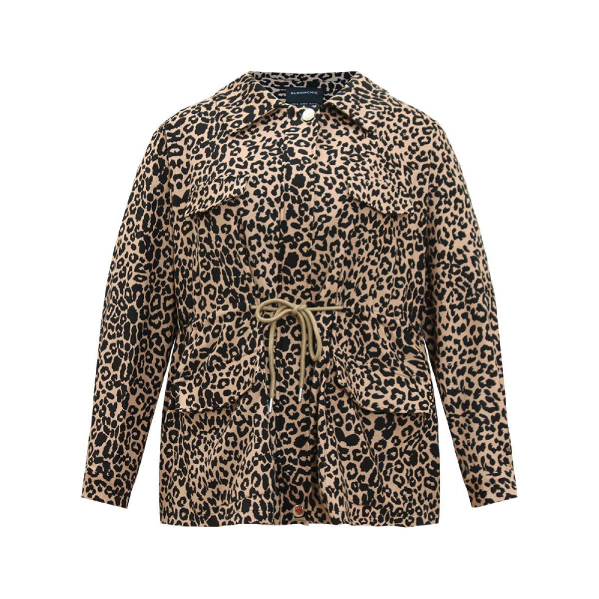 Plus Size Leopard Zipper Drawstring Knot Pocket Jacket Women LightBrown Contrast Pocket Dailywear Jackets BloomChic 26/4X Product Image