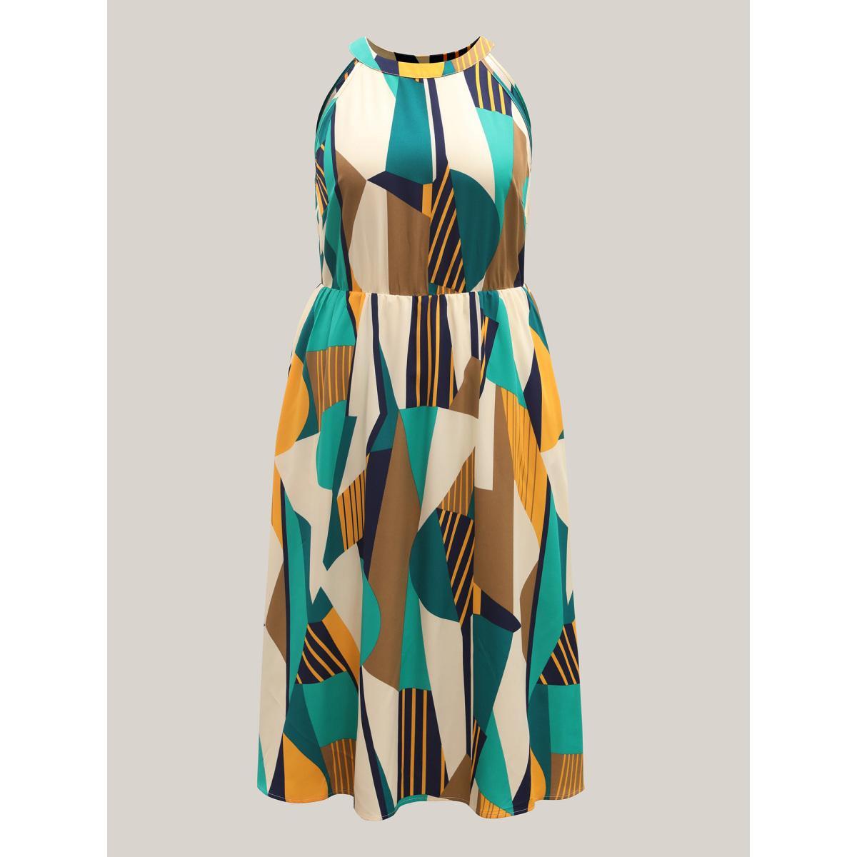Plus Size Abstract Print Halter Neck Pockets Midi Dress Multicolor Women Elegant Halter neck Sleeveless Curvy BloomChic 14-16/1X Product Image