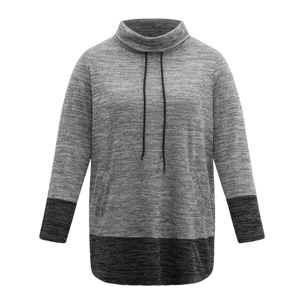 Plus Size Contrast Turtleneck Pocket Drawstring Sweatshirt Women DimGray Casual Contrast Turtleneck Dailywear Sweatshirts BloomChic 12/L Product Image