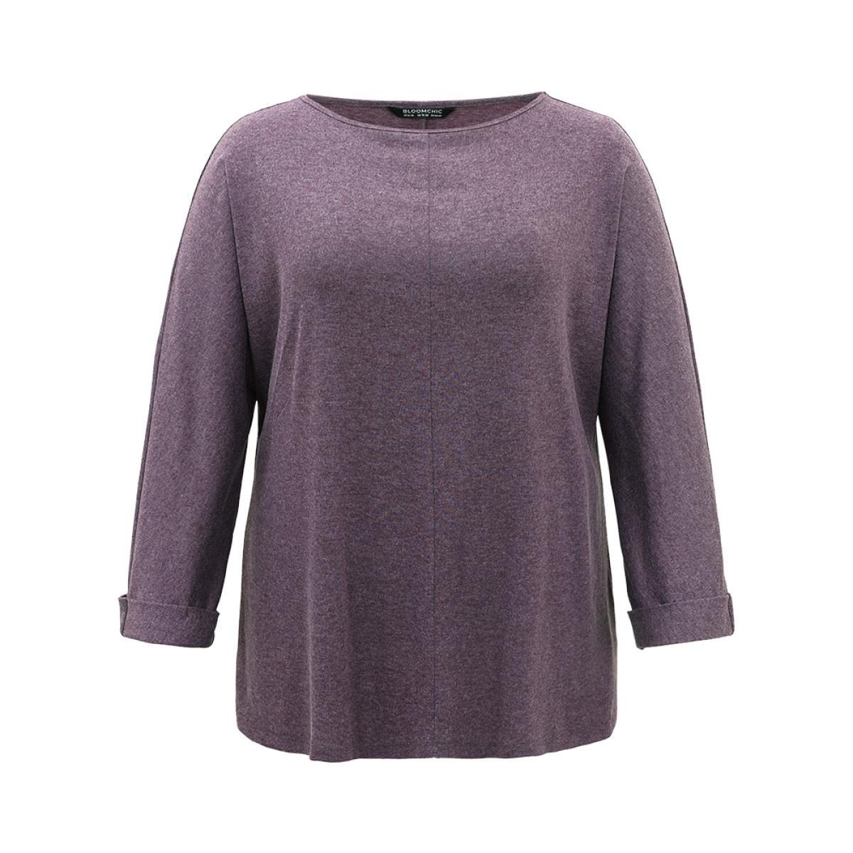 Plus Size Solid Heather Round Neck Roll Dolman Sleeve T-shirt Mauve Women Casual Plain Plain Round Neck Dailywear T-shirts BloomChic 30/6X Product Image