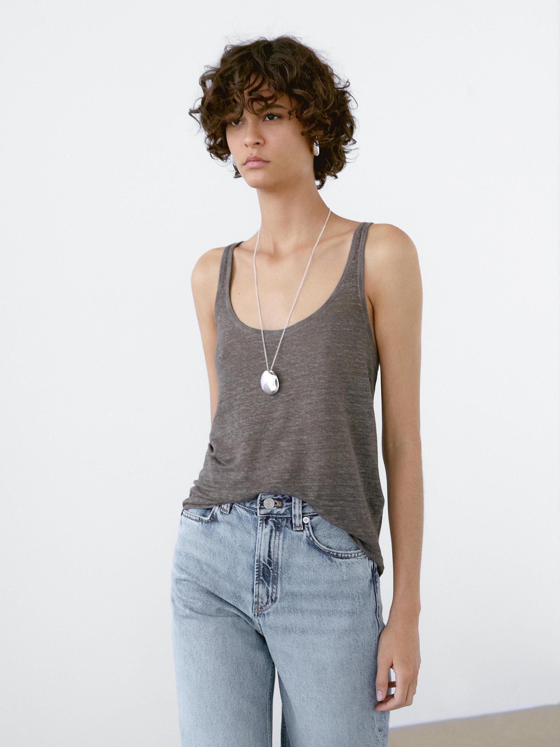 Strappy top with linen fabric detail Product Image