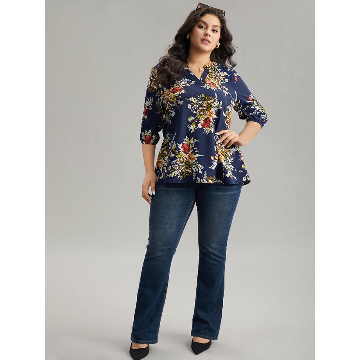 Plus Size Indigo Floral Print Notched Elastic Cuffs Blouse Women Elegant Elbow-length sleeve V-neck Dailywear Blouses BloomChic 28/5X Product Image