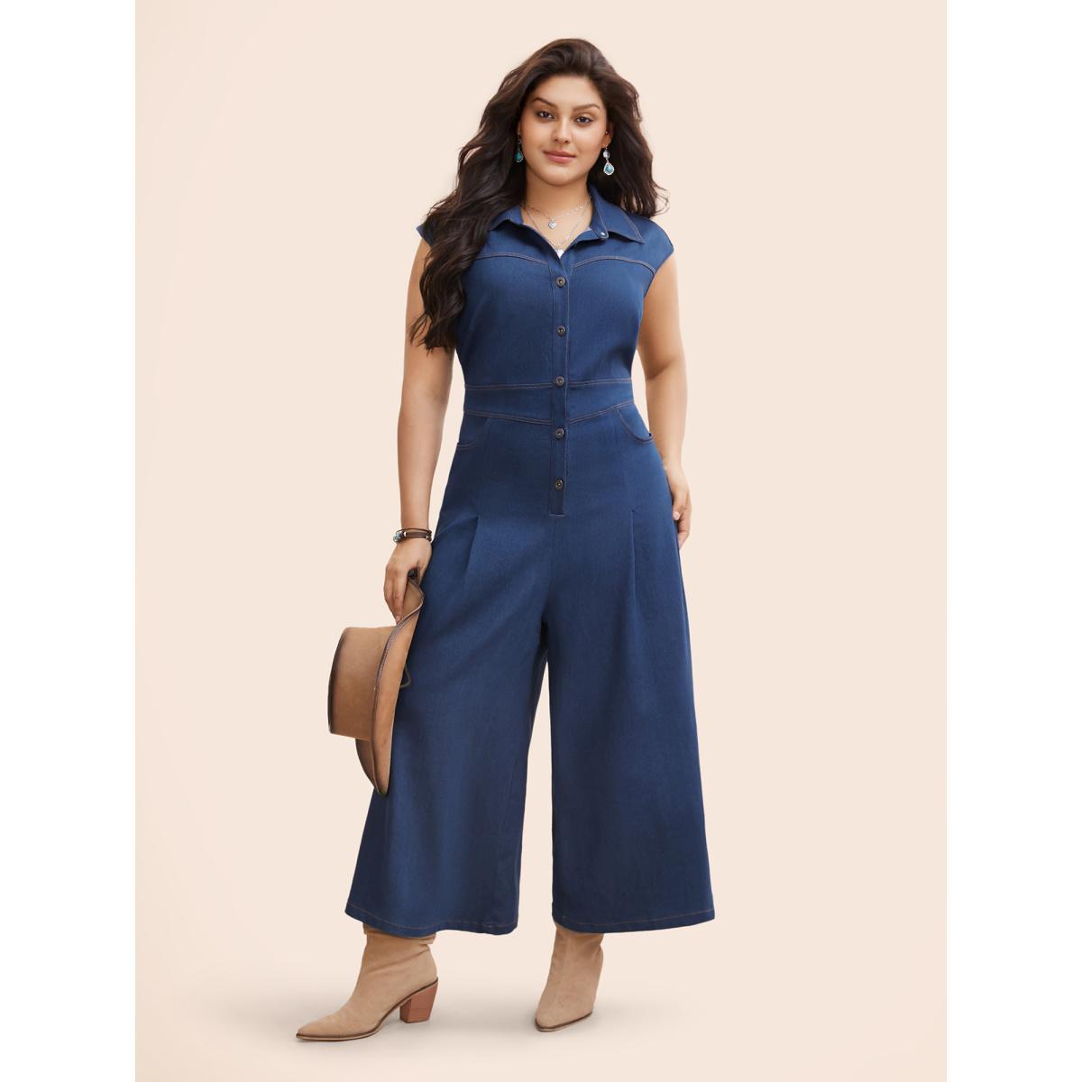 Plus Size Stretch Denim Seamed Flare Jumpsuit Midblue Women Button Medium stretch Vacation Patch pocket Resort Denim Jumpsuits BloomChic 30/6X Product Image