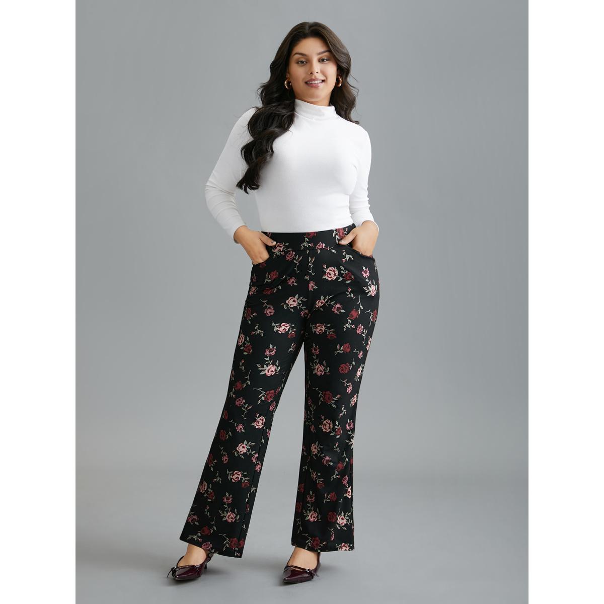 Plus Size Floral Mid-Rise Bootcut Pants Women BlackFlower Elegant High stretch Bootcut Mid Rise Everyday Leggings BloomChic 12/L Product Image