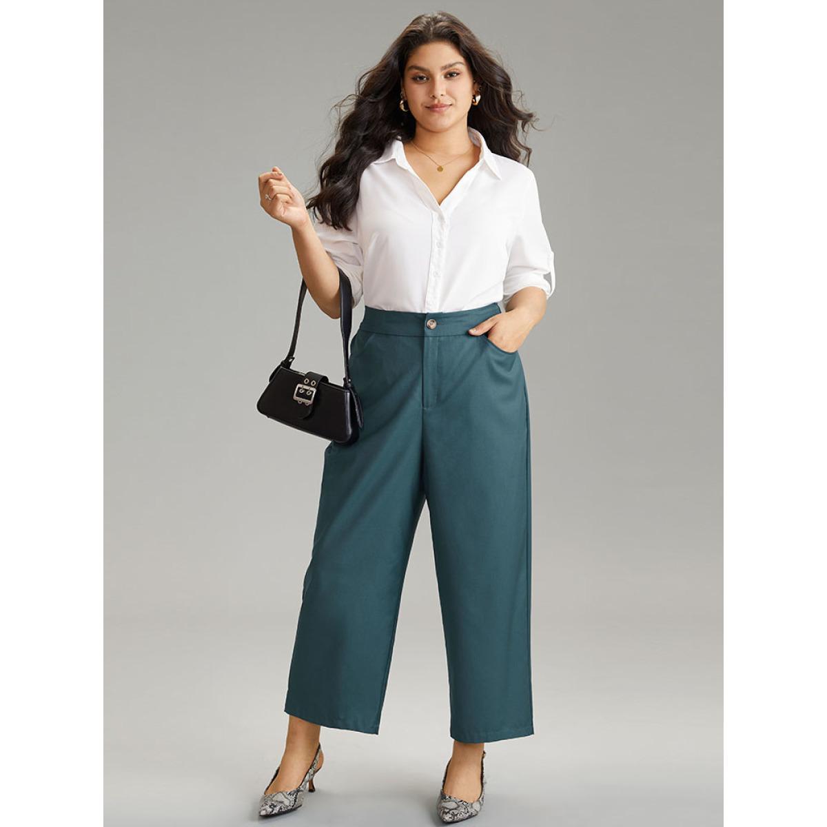 Plus Size Elastic Waist Solid Pocket Straight Leg Pants Women Cyan Office Straight Leg High Rise Dailywear Pants BloomChic 18-20/2X Product Image