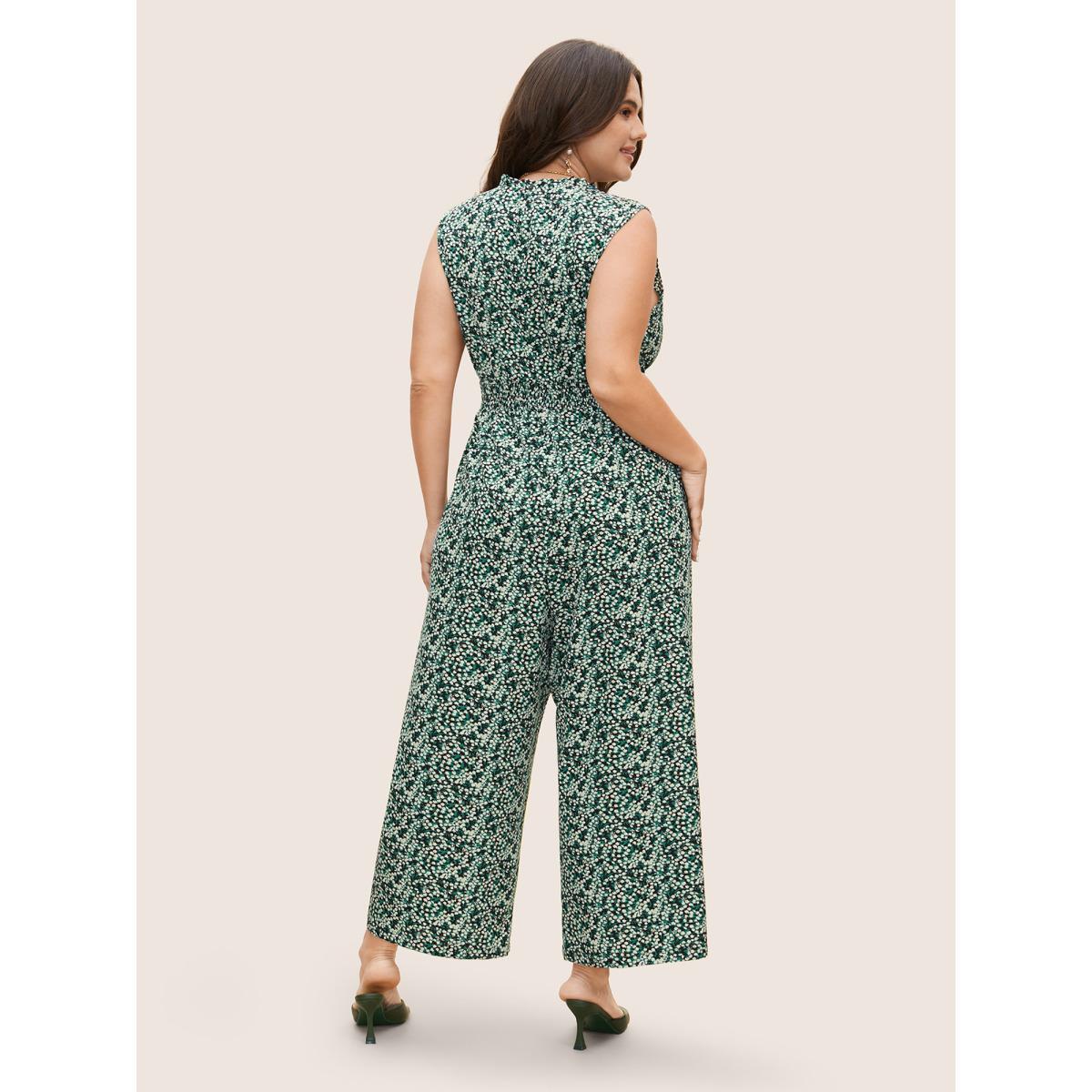 Plus Size Black Ditsy Floral Mock Neck Shirred Jumpsuit Women Elegant Sleeveless Mock Neck Everyday Loose Jumpsuits BloomChic 26/4X Product Image