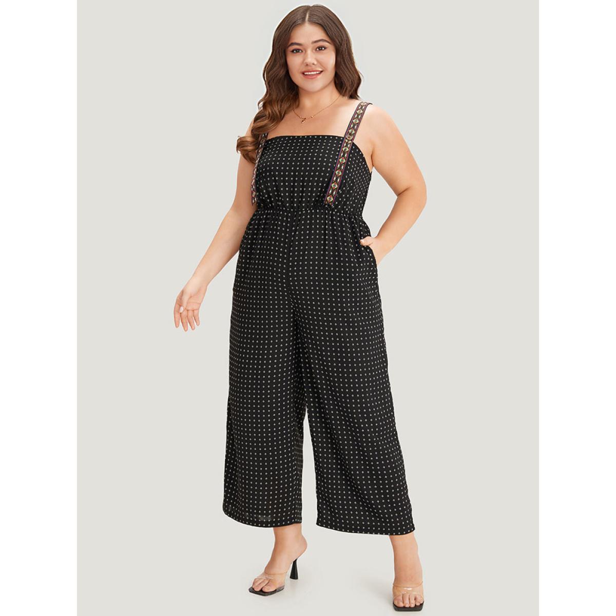 Plus Size Black Geometric Print Pocket Button Elastic Waist Cami Jumpsuit Women Casual Sleeveless Spaghetti Strap Dailywear Loose Jumpsuits BloomChic 26/4X Product Image