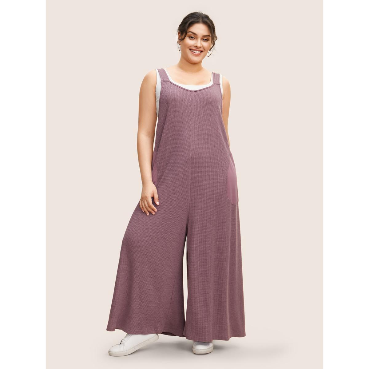 Plus Size Mauve Waffle Knit Tie Knot Wide Leg Jumpsuit Women Casual Sleeveless Heart neckline Everyday Loose Jumpsuits BloomChic 26/4X Product Image