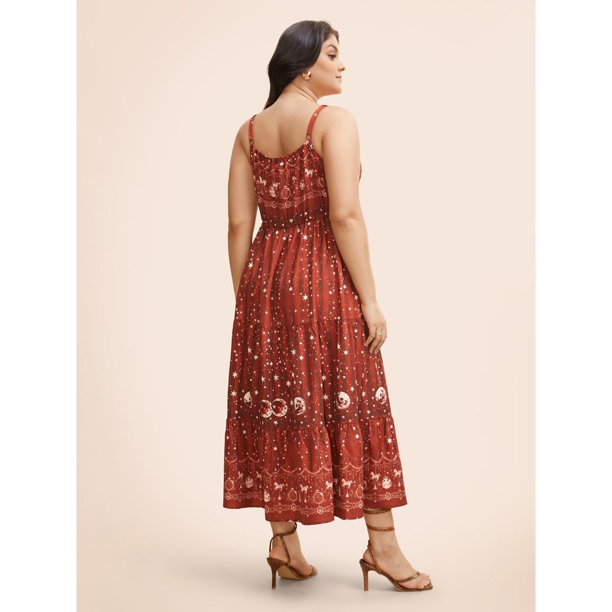 Plus Size Star & Moon Print Elastic Waist Maxi Cami Dress Burgundy Women Resort Patchwork Non Sleeveless Curvy BloomChic 22-24/3X Product Image