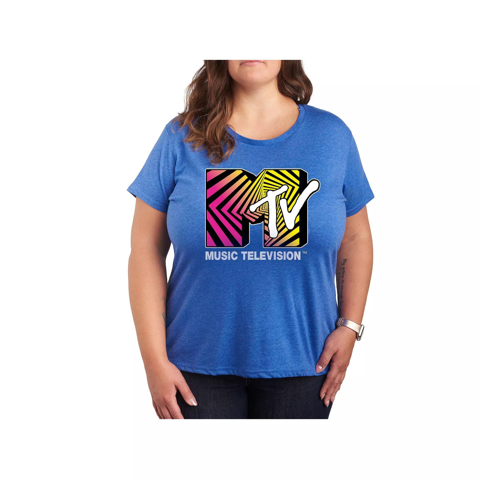 Plus MTV Optical 80s Graphic Tee, Womens Grey Royal Blue Product Image