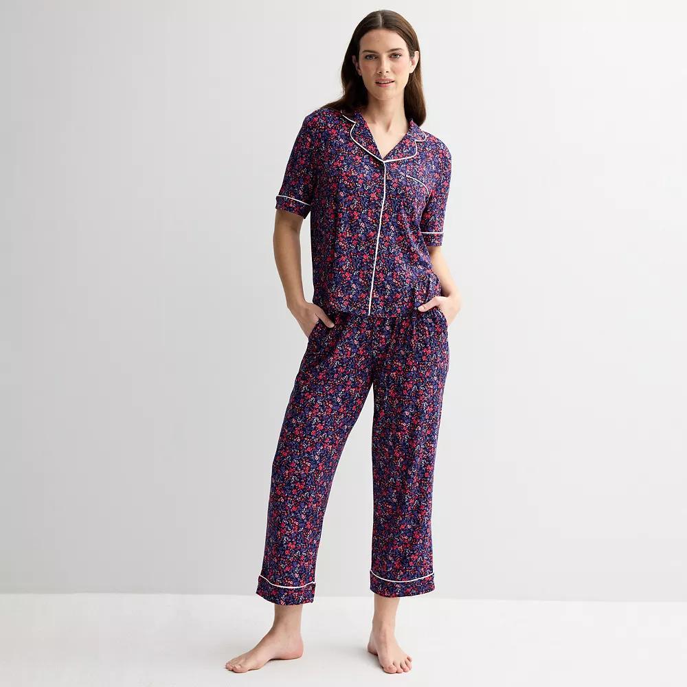 Women's Draper James 2-Piece Cozy Elbow Sleeve Notch Pajama Top and Pajama Pants Set, Size: XS, Blue Field Flower Product Image