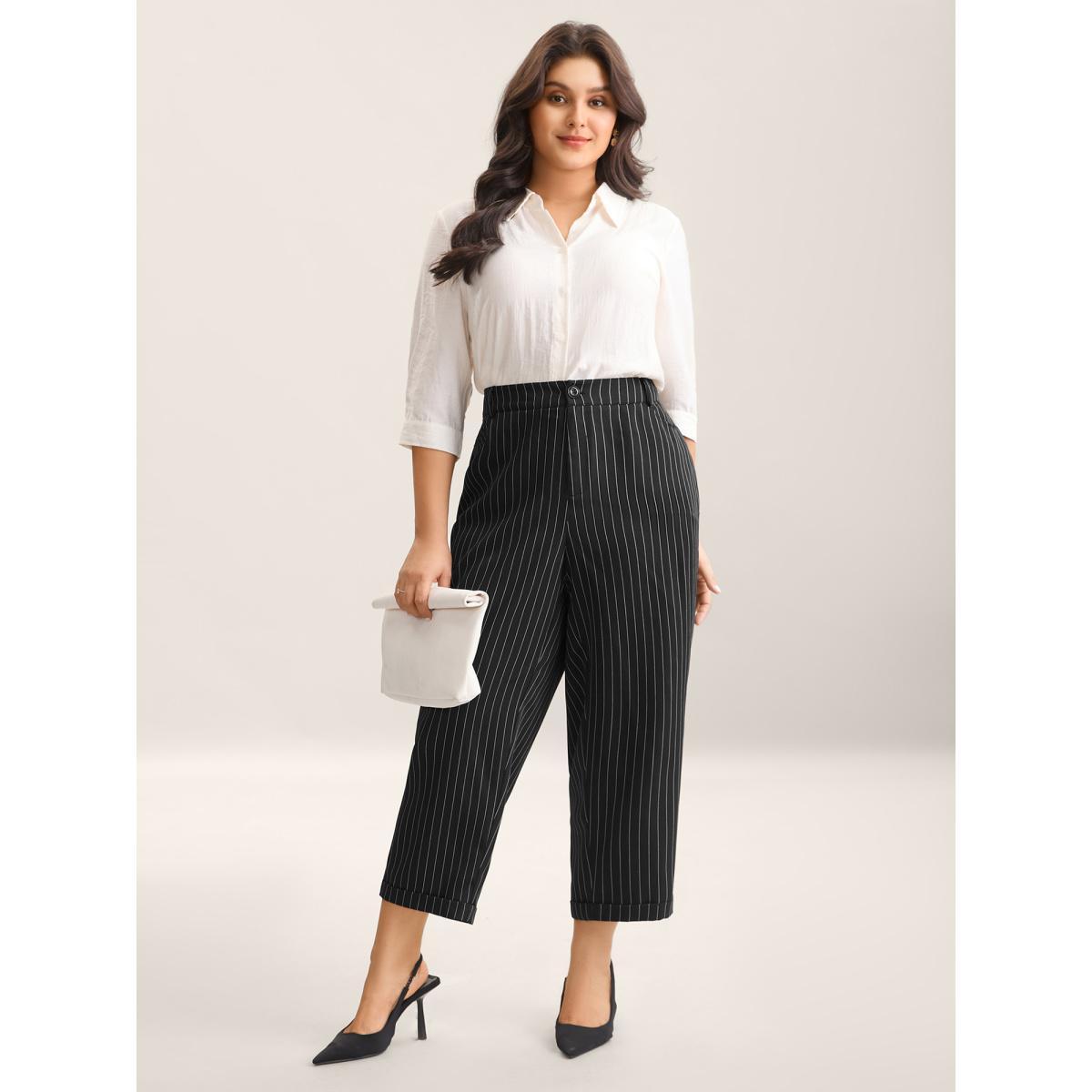 Plus Size Stripes Print Pockets Straight-Fit Pants Women Black At the Office Straight Leg Mid Rise Work Pants BloomChic 28/5X Product Image