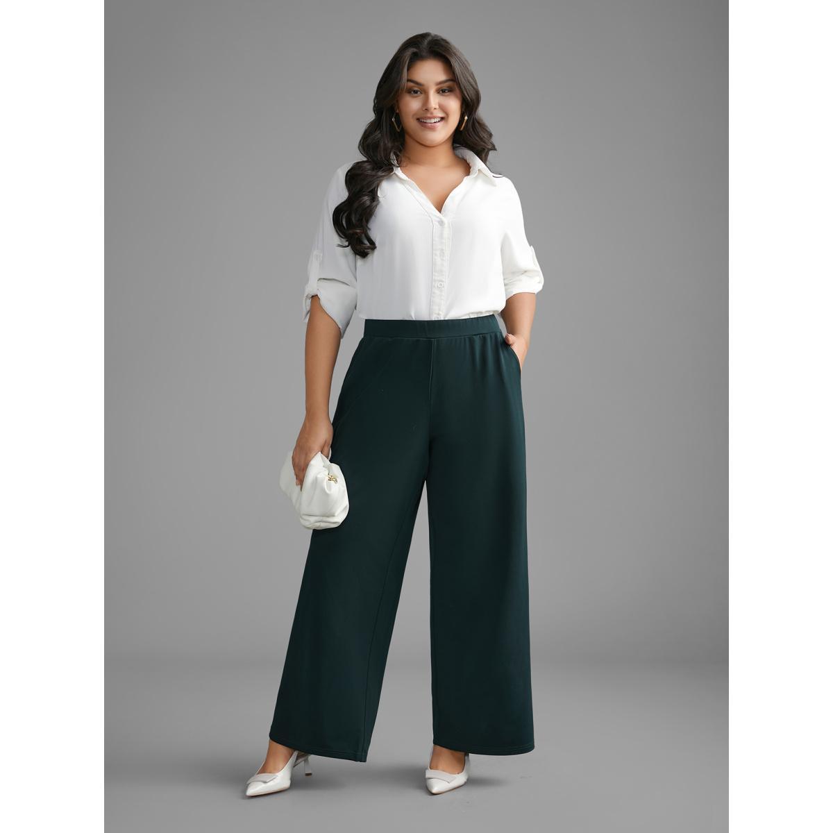 Plus Size Solid Elastic Waist Wide Leg Pants Women DarkGreen Workwear Essentials Wide Leg Mid Rise Work Pants BloomChic 26/4X Product Image