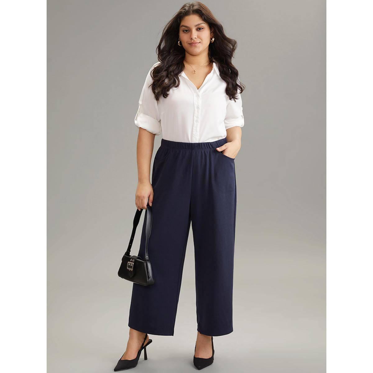 Plus Size Solid Wide Leg Elastic Waist Split Hem Pants Women Indigo Elegant Wide Leg High Rise Dailywear Pants BloomChic 18-20/2X Product Image