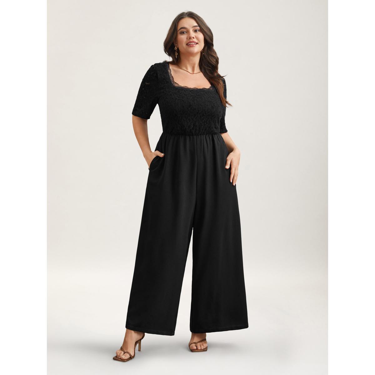Plus Size Black Textured Lace Spliced Square Neck Jumpsuit Women Elegant Short sleeve Square Neck Everyday-Elegant Loose Jumpsuits BloomChic 12/L Product Image