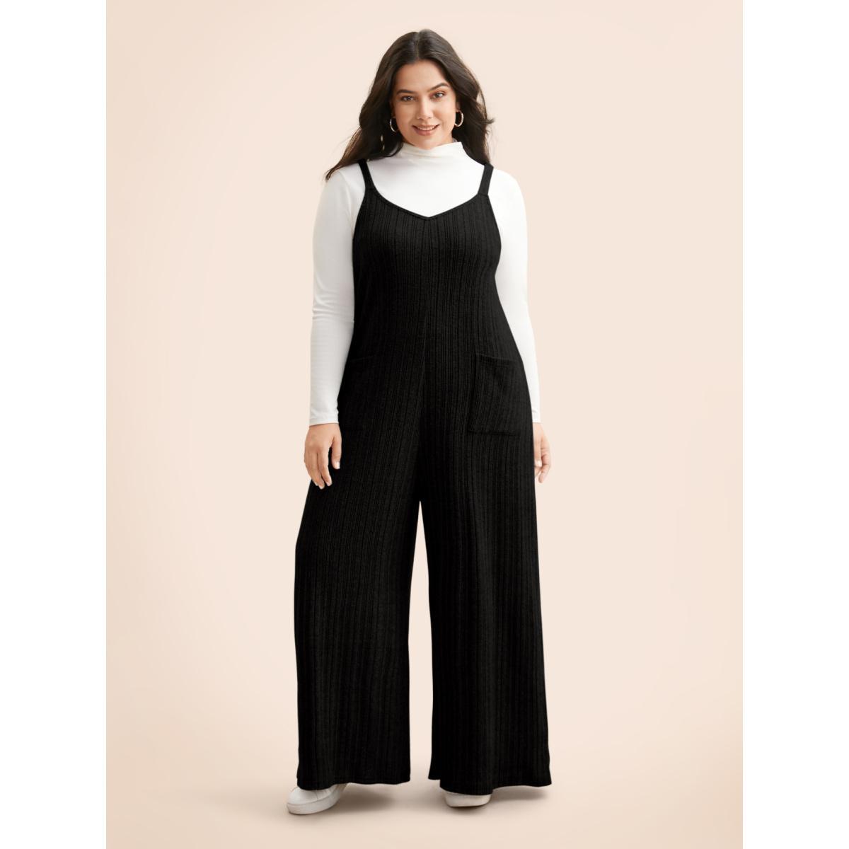 Plus Size Black Airy Cozy Cami Wide-Leg Jumpsuit Women Casual Sleeveless V-neck Everyday Loose Jumpsuits BloomChic 30/6X Product Image