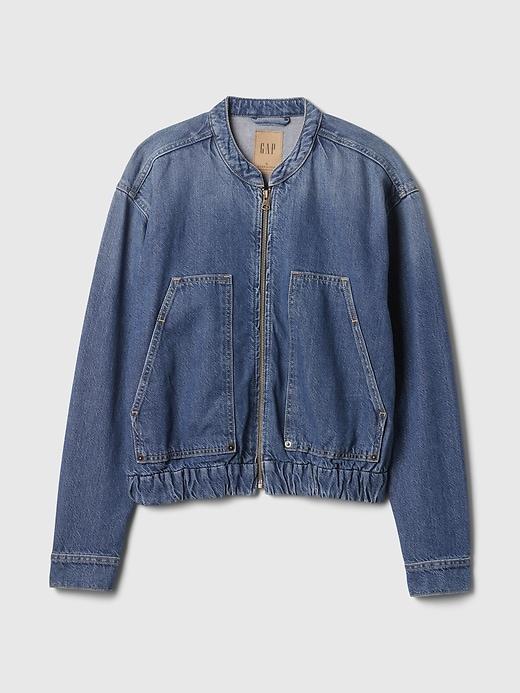 UltraSoft Denim Cropped Bomber Jacket Product Image