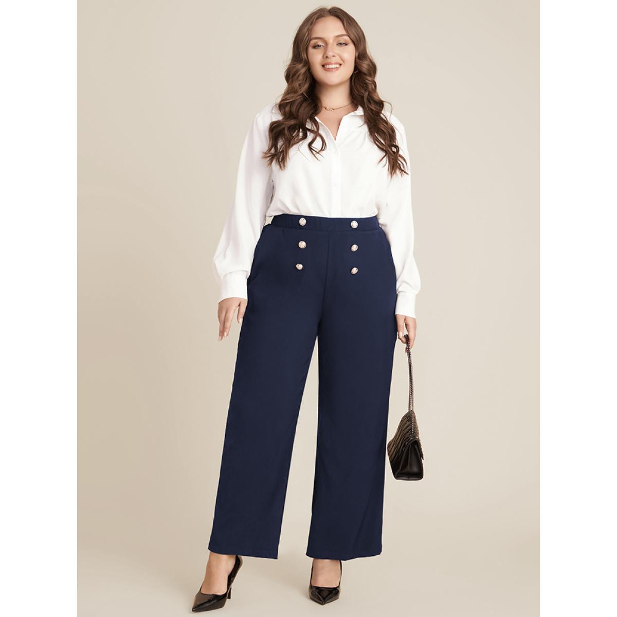 Plus Size Solid Elastic Waist Pocket Button Detail Pants Women Midnight Office Mid Rise Work Pants BloomChic 18-20/2X Product Image