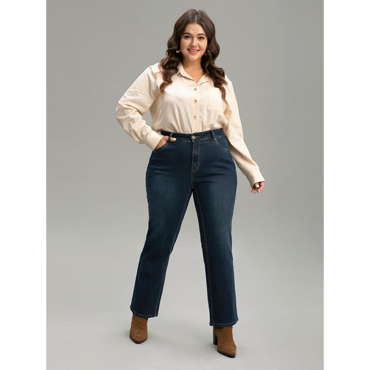 Plus Size Zipper Fly Straight Leg High Rise Jeans Women Indigo Casual Plain Plain High stretch Pocket Jeans BloomChic 16/1X Product Image