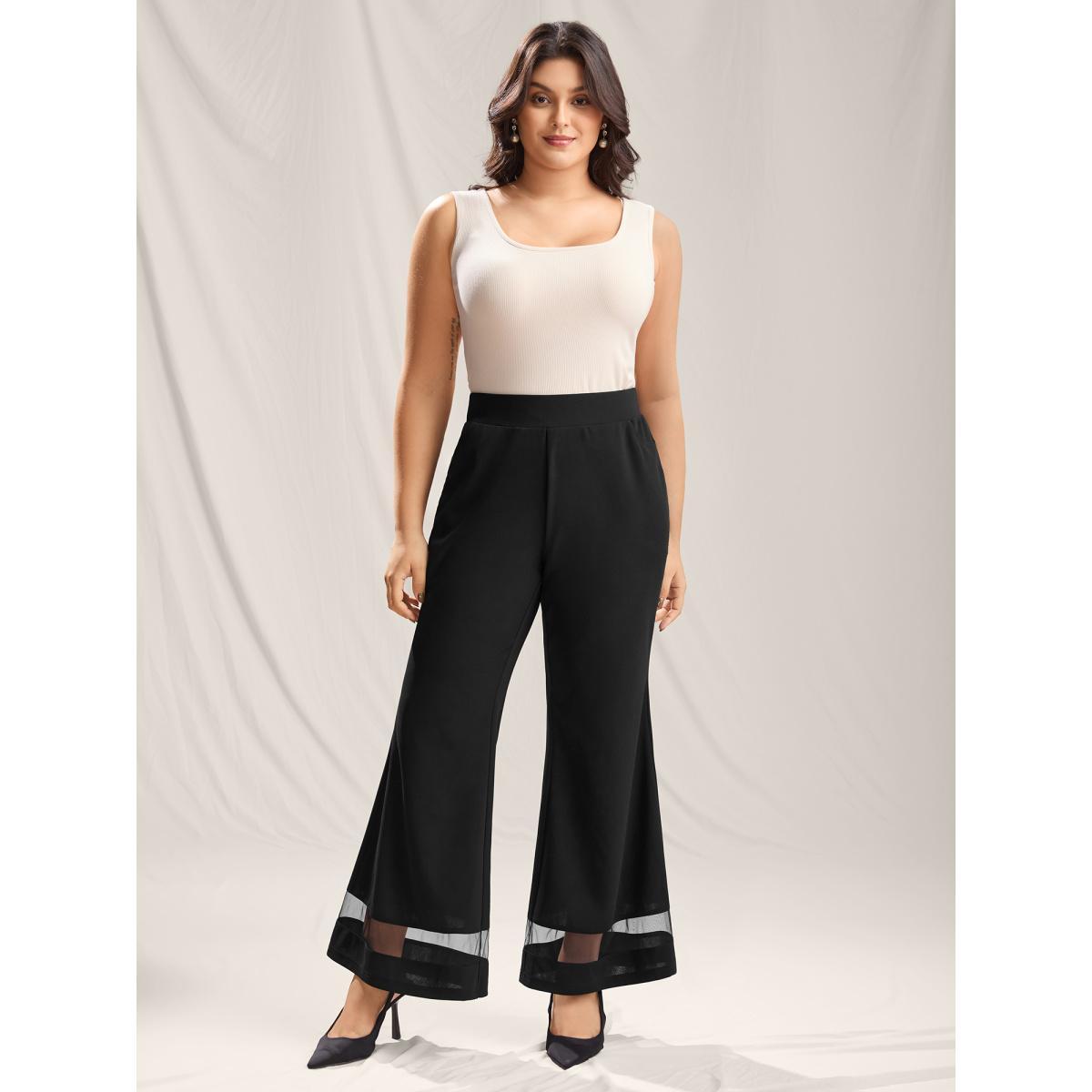 Plus Size Mesh Spliced Bell-Bottom Pants Women Black Formal Bootcut Mid Rise Party Pants BloomChic 18-20/2X Product Image