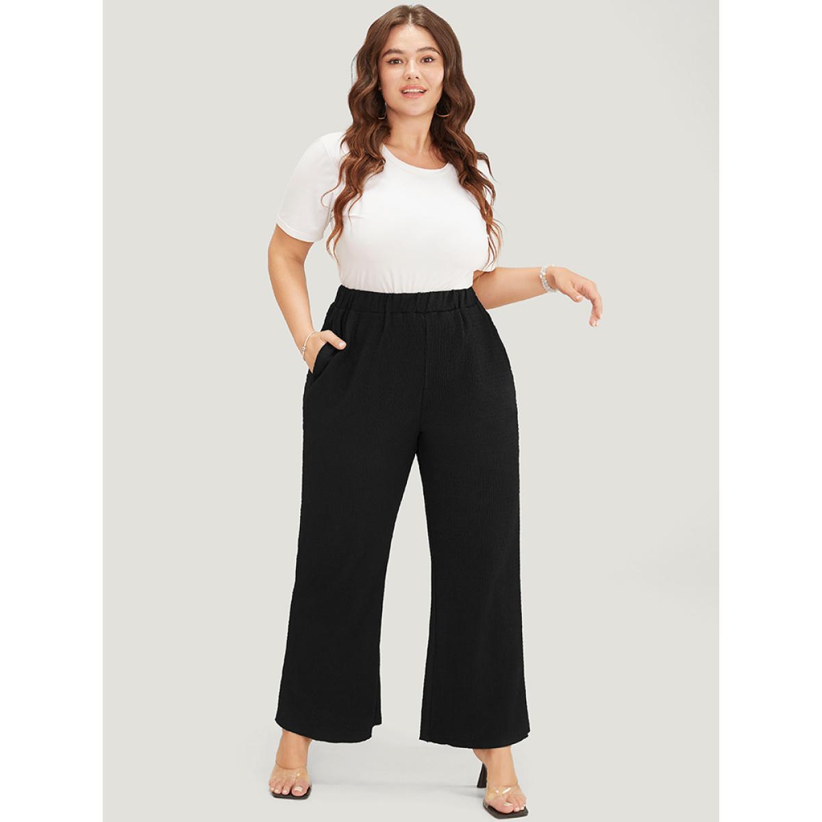 Plus Size Solid Textured Elastic Waist Pocket Bootcut Pants Women Black Casual Mid Rise Dailywear Pants BloomChic 10/M Product Image