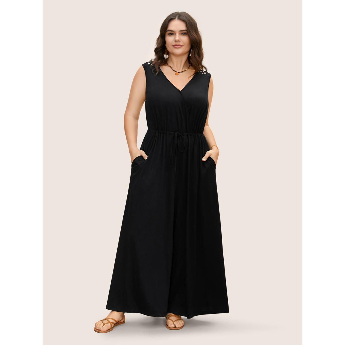 Plus Size Black V Neck Crocheted Cut Out Jumpsuit Women Resort Sleeveless V-neck Vacation Loose Jumpsuits BloomChic 28/5X Product Image