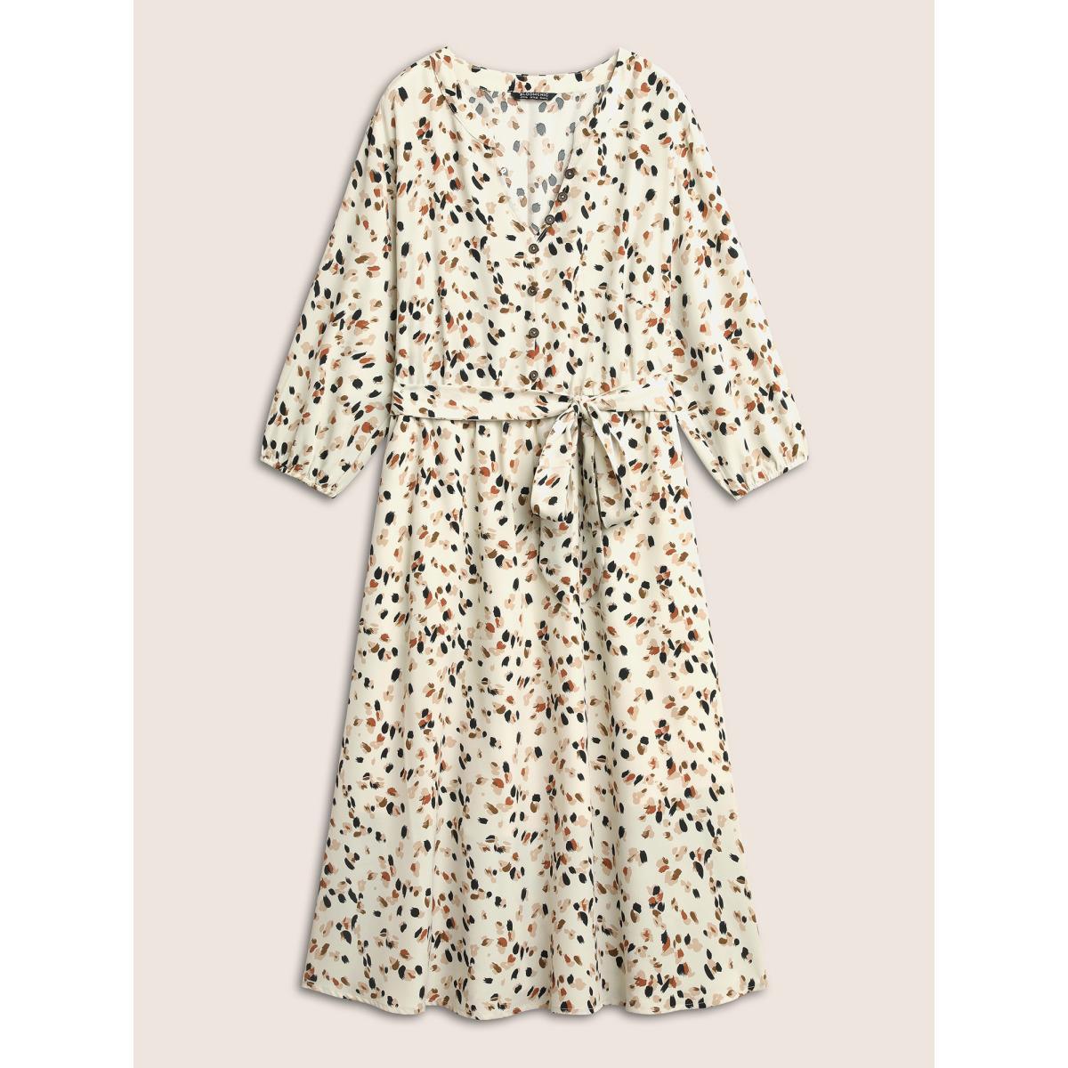 Plus Size Allover Print Notched Belted Button Detail Dress Apricot Women At the Office Non Notched collar Elbow-length sleeve Curvy Midi Dress BloomChic 22-24/3X Product Image