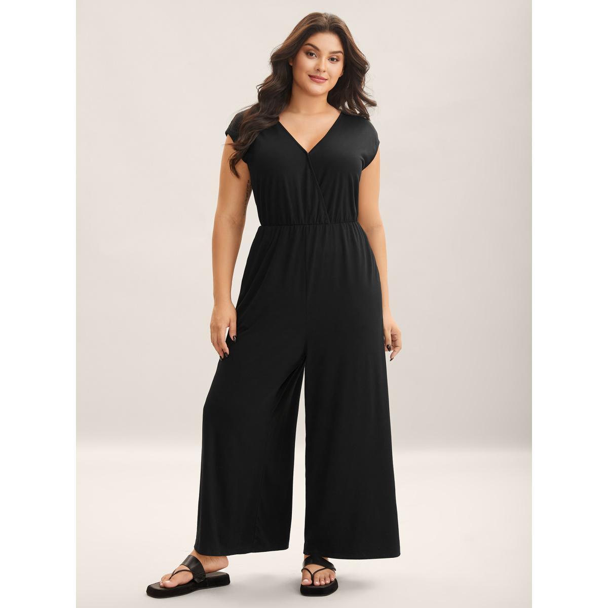 Plus Size Black Supersoft Butterfly Backless Stretchy Wide-Leg Jumpsuit Women Cap Sleeve Overlap Collar Everyday-Casual Loose Jumpsuits BloomChic 30/6X Product Image