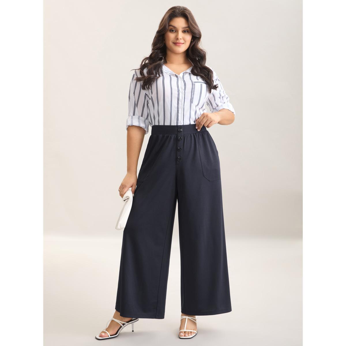 Plus Size Button Front Wide-Leg Pants Women Indigo At the Office Wide Leg Mid Rise Work Pants BloomChic 18-20/2X Product Image