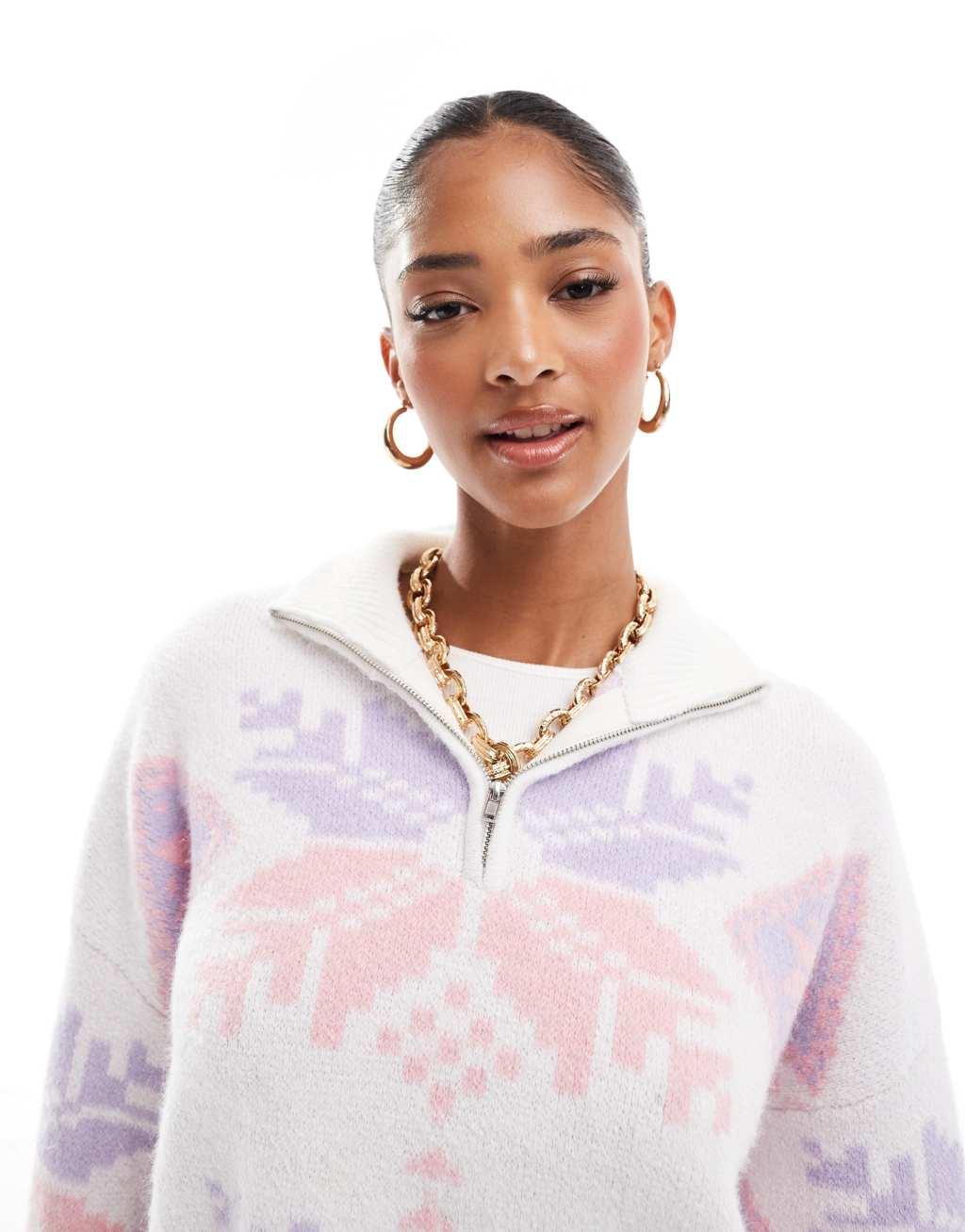 ASOS DESIGN zip neck fairisle sweater in pink and lilac Product Image