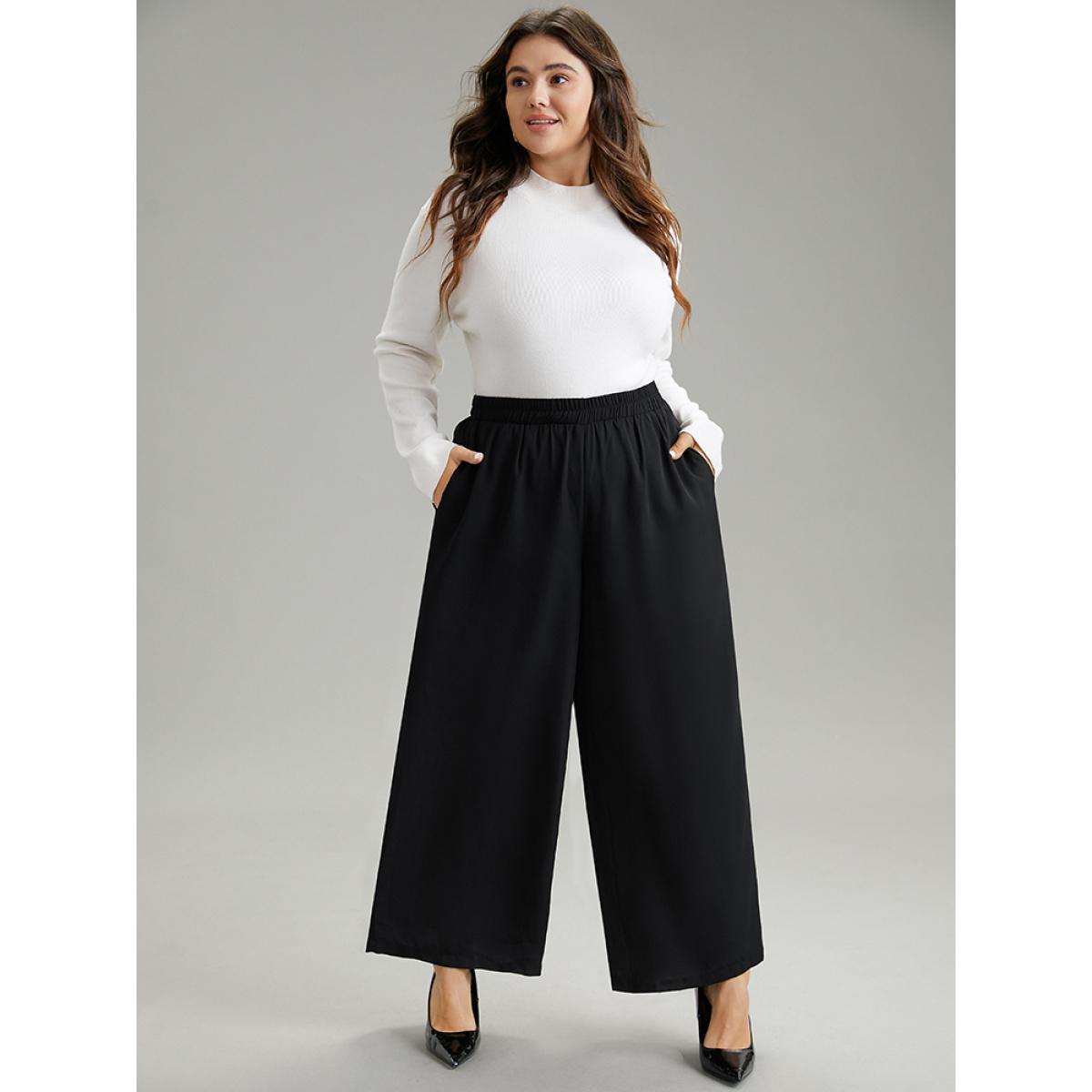 Plus Size Solid Chiffon Elastic Waist Wide Leg Pants Women Black Elegant Wide Leg High Rise Dailywear Pants BloomChic 28/5X Product Image