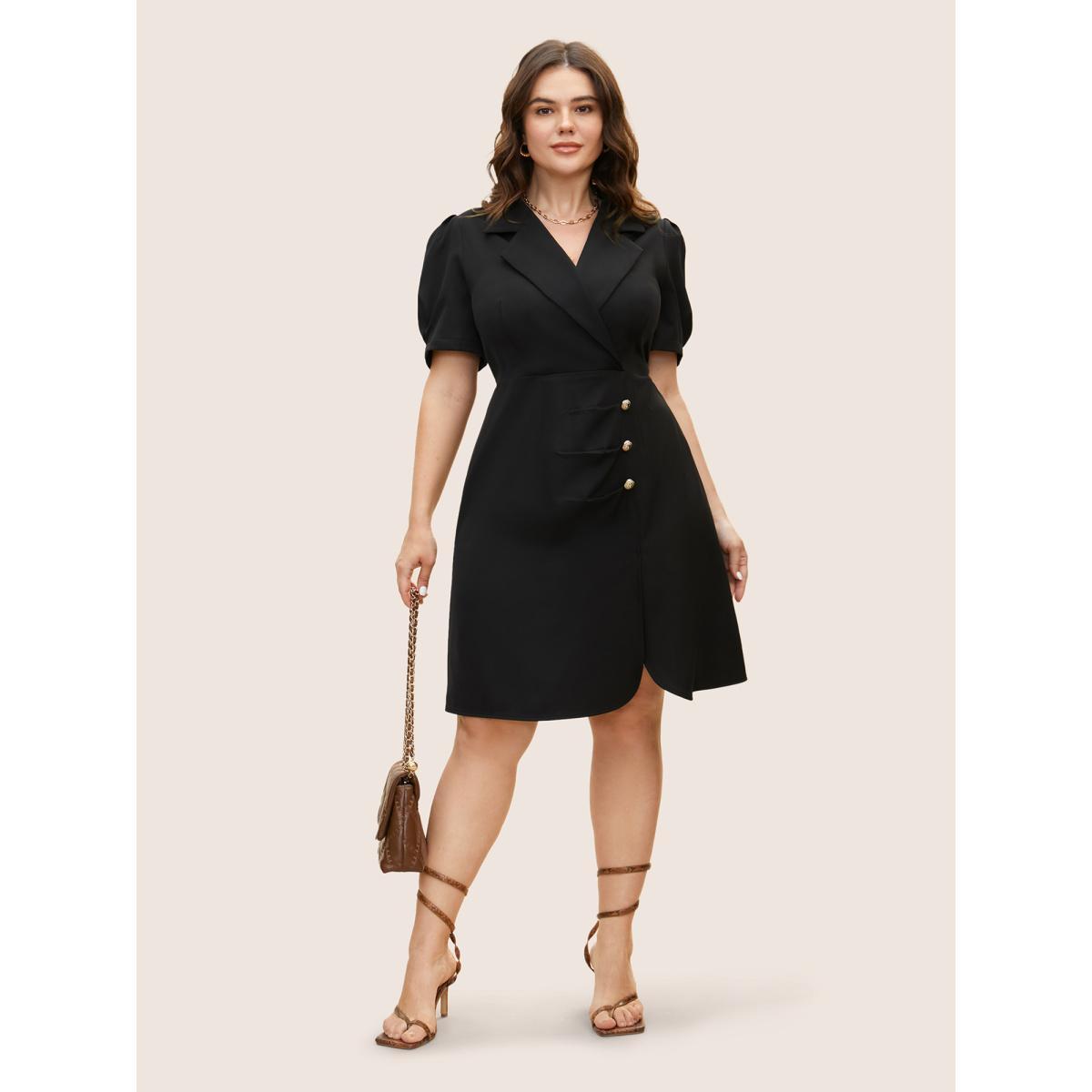 Plus Size Suit Collar Metal Detail Lantern Sleeve Dress Black Women Workwear Essentials Button Suit Collar Sleeveless Curvy BloomChic 12/L Product Image