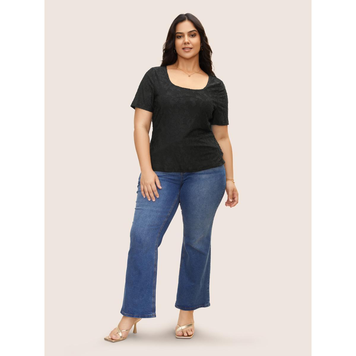 Plus Size Square Neck Plain Textured T-shirt Black Women Elegant Texture Square Neck Everyday T-shirts BloomChic 18-20/2X Product Image