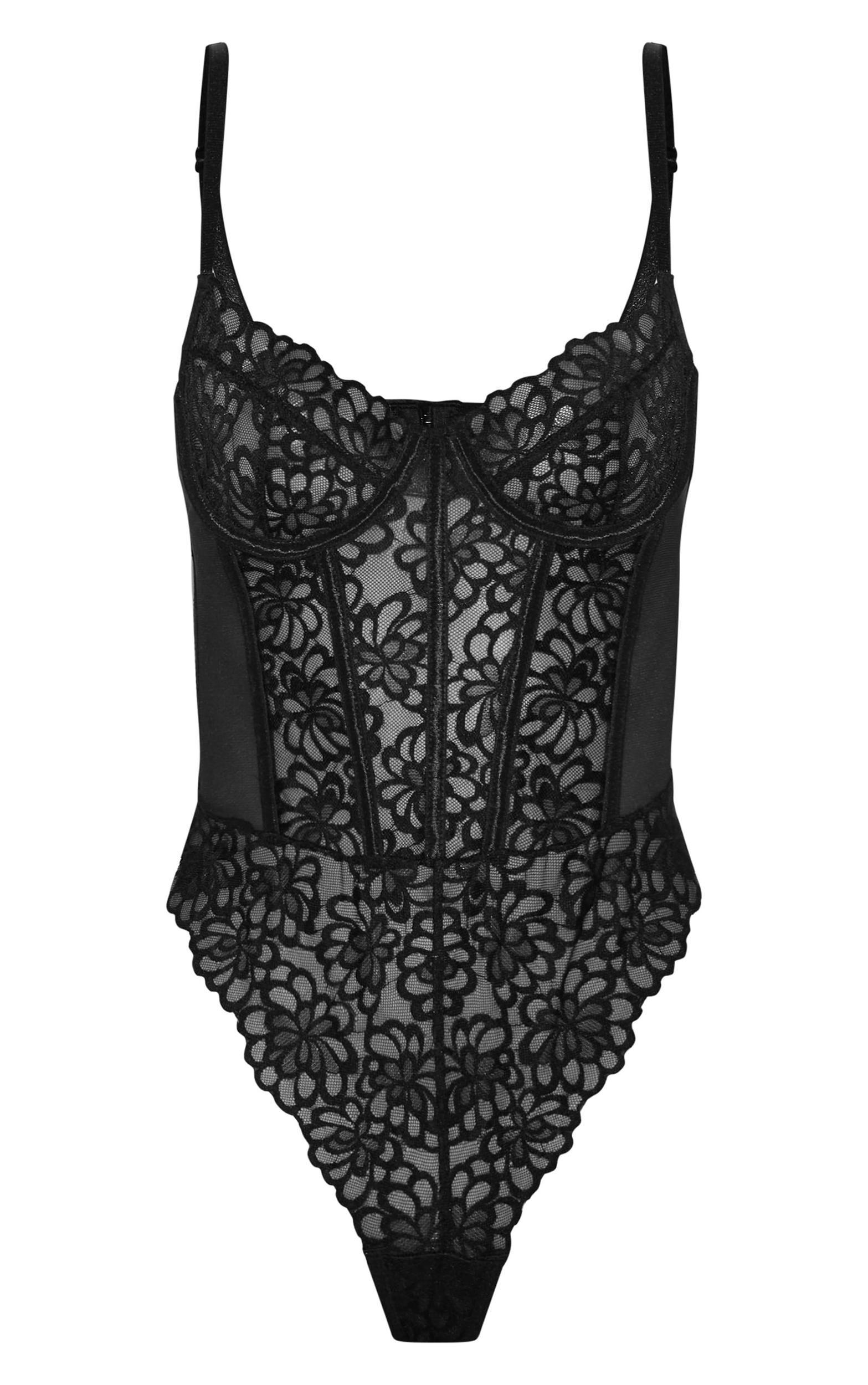 Black Floral Scalloped Edge Lace Cut Out Bodysuit Product Image