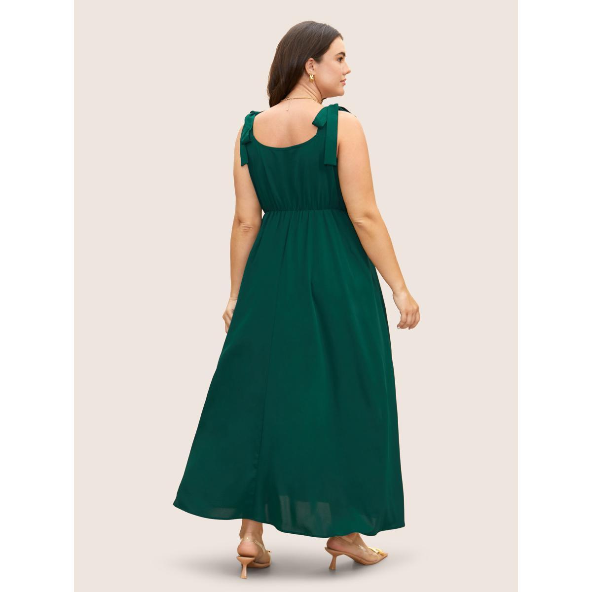 Plus Size Solid Tie Knot Slit Hem Dress DarkGreen Women Formal Tie knot Square Neck Sleeveless Curvy BloomChic 10/M Product Image