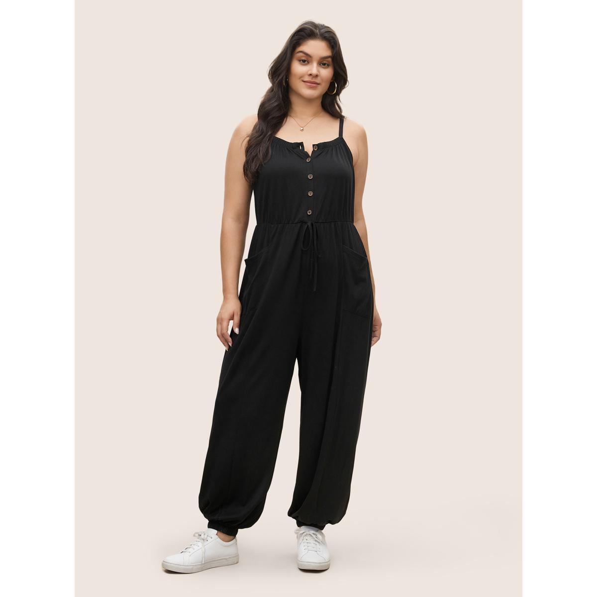 Plus Size Black Plain Ties Patched Pocket Cami Jumpsuit Women Casual Sleeveless Non Everyday Loose Jumpsuits BloomChic 10/M Product Image