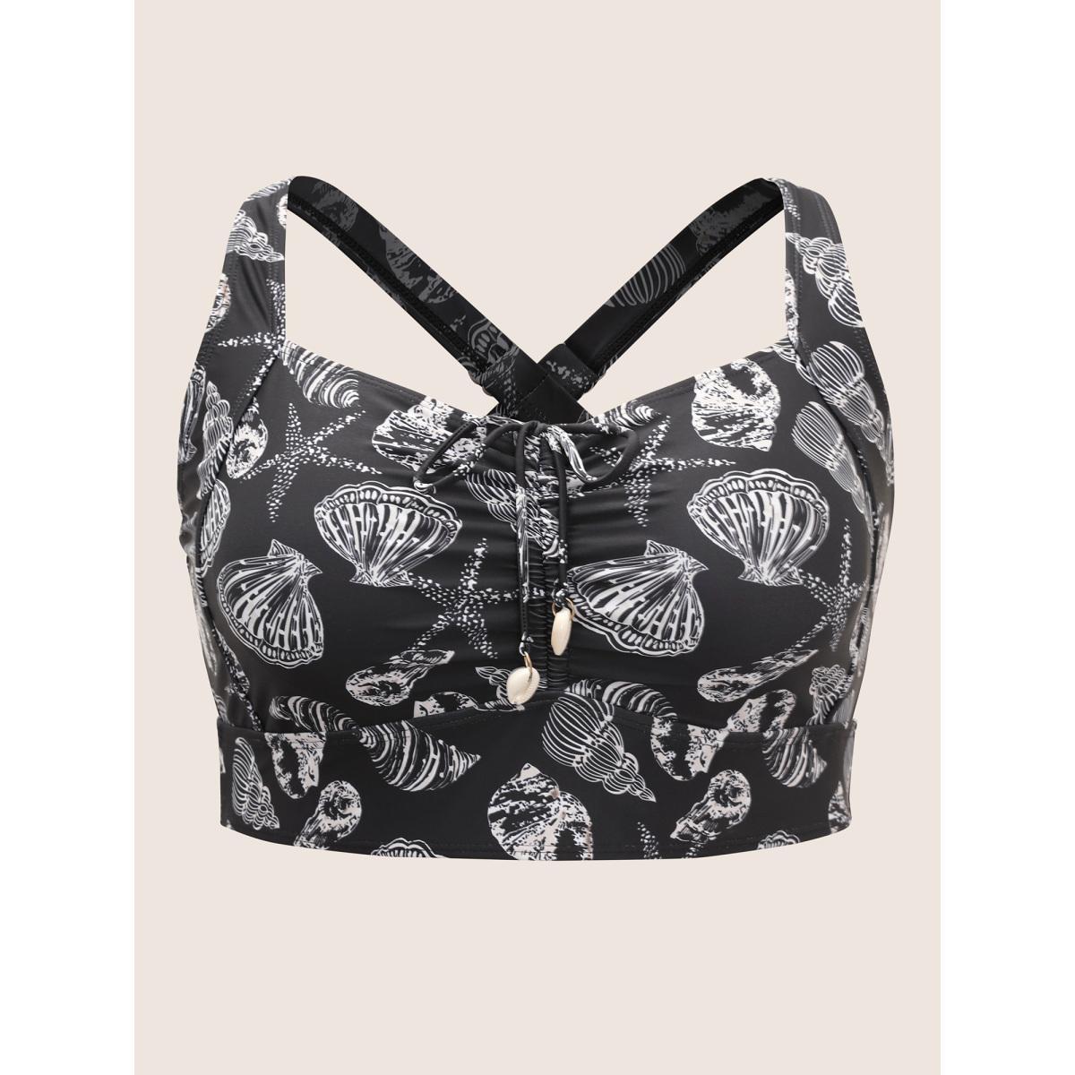 Plus Size Shell Print Drawstring Ruched Skinny Swim Top Women's Swimwear Black Beach Gathered High stretch Skinny Heart neckline Curve Swim Tops BloomChic 14-16/1X Product Image