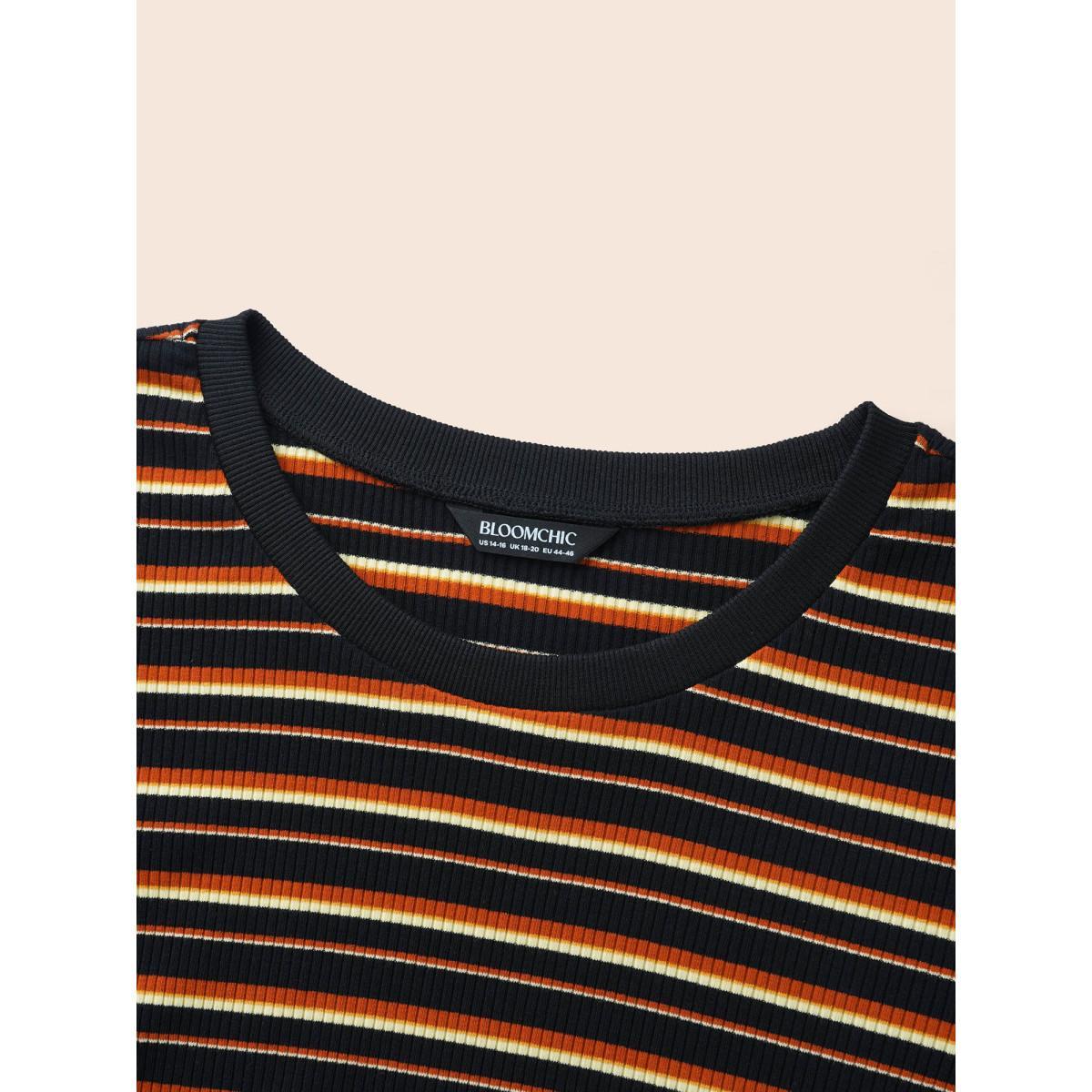 Plus Size Striped Knit Crew Neck T-shirt Black Women Casual Texture V-neck Bodycon Everyday T-shirts BloomChic 18-20/2X Product Image
