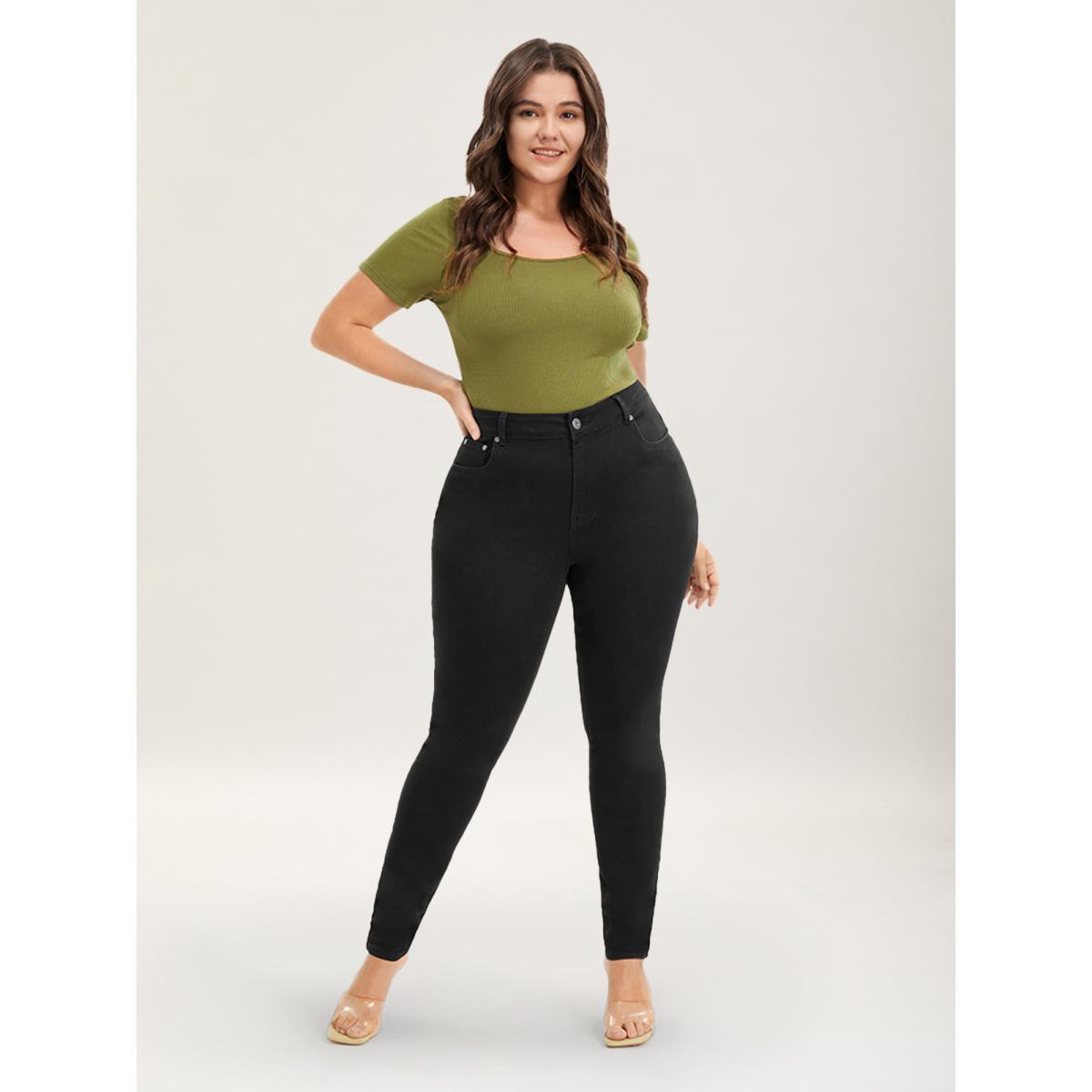 Plus Size Skinny Very Stretchy High Rise Black Wash Sculpt Waist Jeans Women Black Casual Plain High stretch Slanted pocket Jeans BloomChic 12/L Product Image