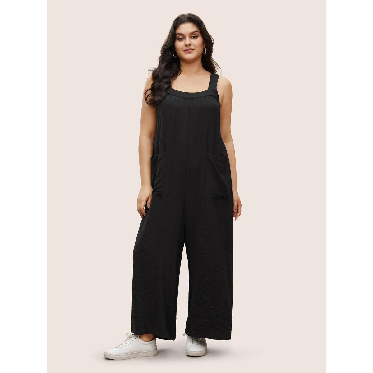 Plus Size Black Plain Pleated Wide Leg Jumpsuit Women Casual Sleeveless Square Neck Everyday Loose Jumpsuits BloomChic 30/6X Product Image