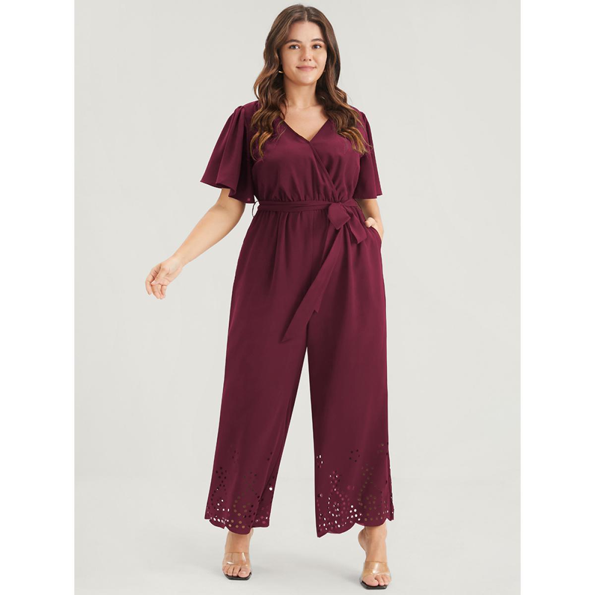 Plus Size Maroon Plain Scalloped Pocket Ruffles Button Belted Laser Cut Wrap Jumpsuit Women Elegant Short sleeve V-neck Dailywear Loose Jumpsuits BloomChic 12/L Product Image