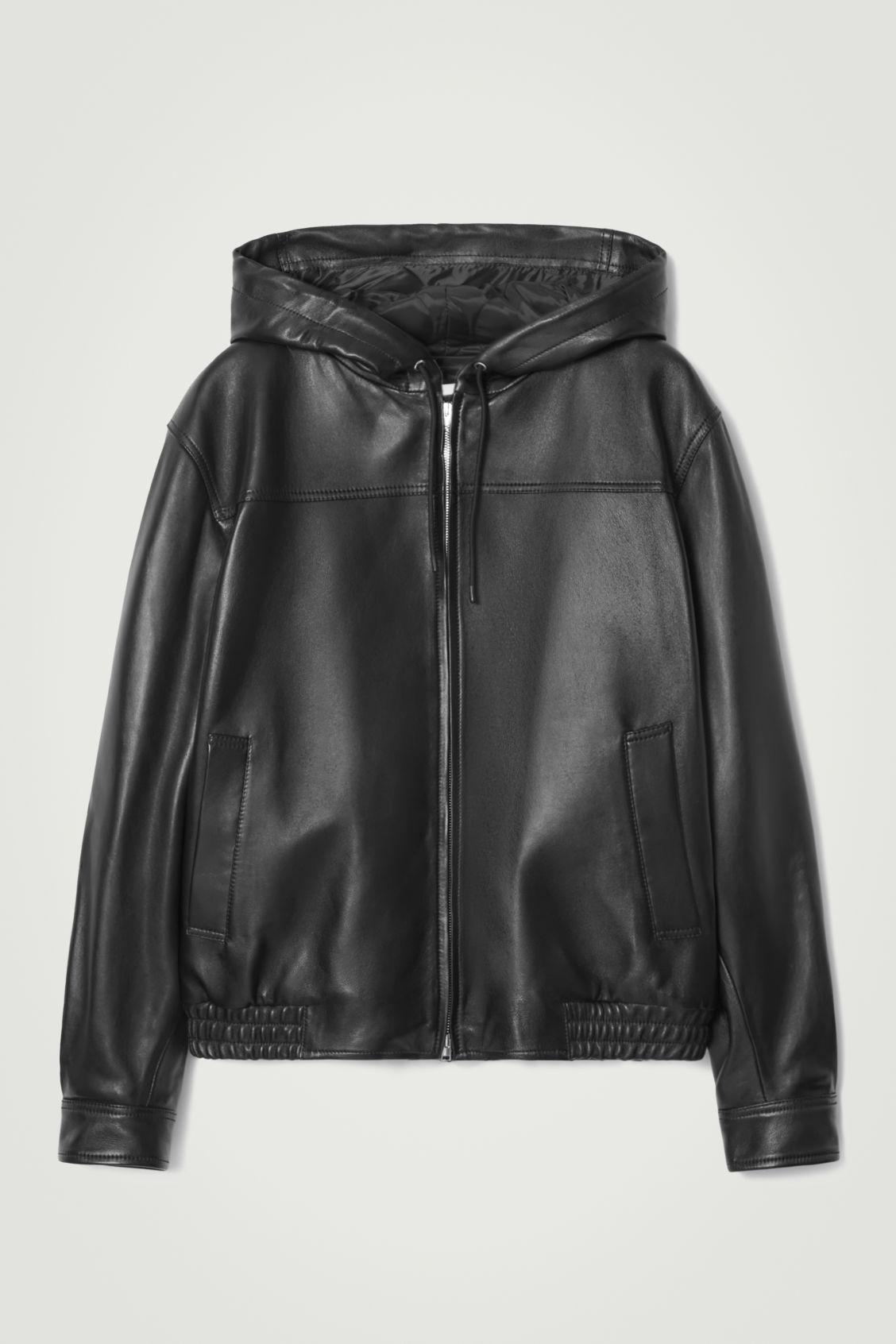 HOODED LEATHER BOMBER JACKET Product Image