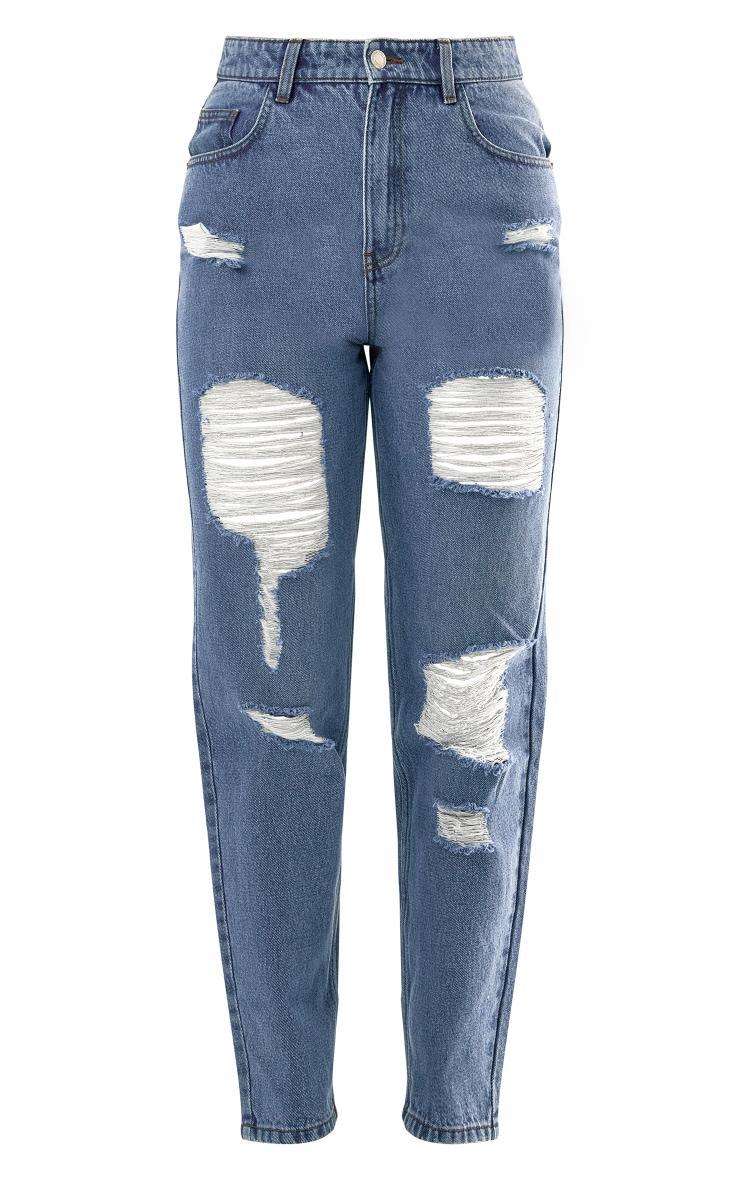 PRETTYLITTLETHING Mid Blue Wash Distressed Mom Jeans Product Image