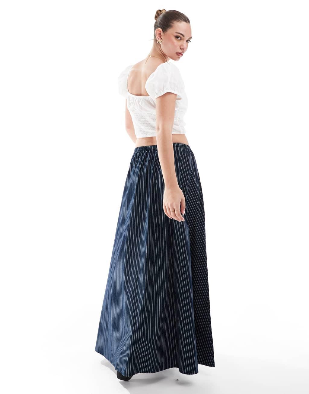ASOS DESIGN a line tie waist maxi skirt in navy stripe Product Image