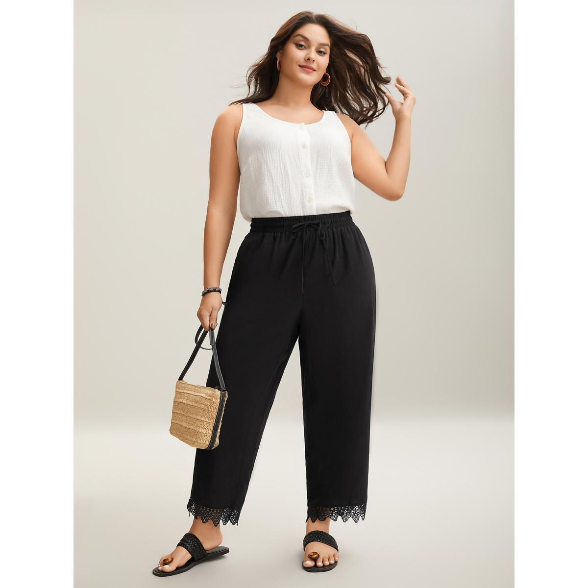 Plus Size Drawstring Scalloped Lace Hem Pants Women Black Casual Straight Leg Mid Rise Everyday Pants BloomChic 14-16/1X Product Image