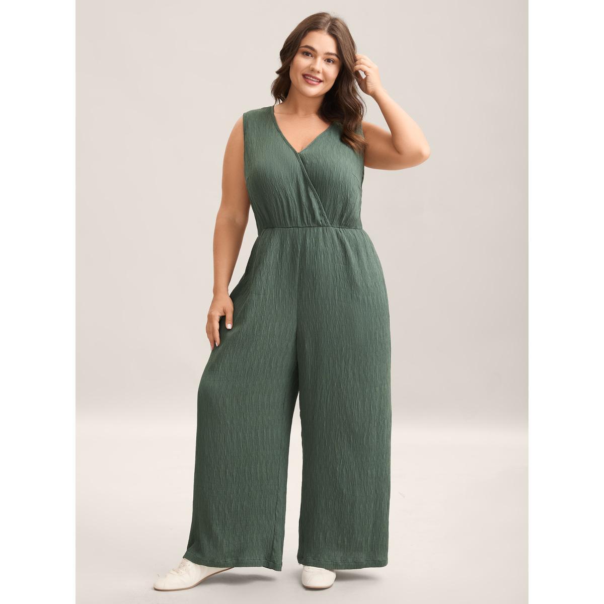Plus Size Emerald Textured Plain Pockets Wide-Leg Jumpsuit Women Sleeveless Overlap Collar Everyday-Casual Loose Jumpsuits BloomChic 30/6X Product Image