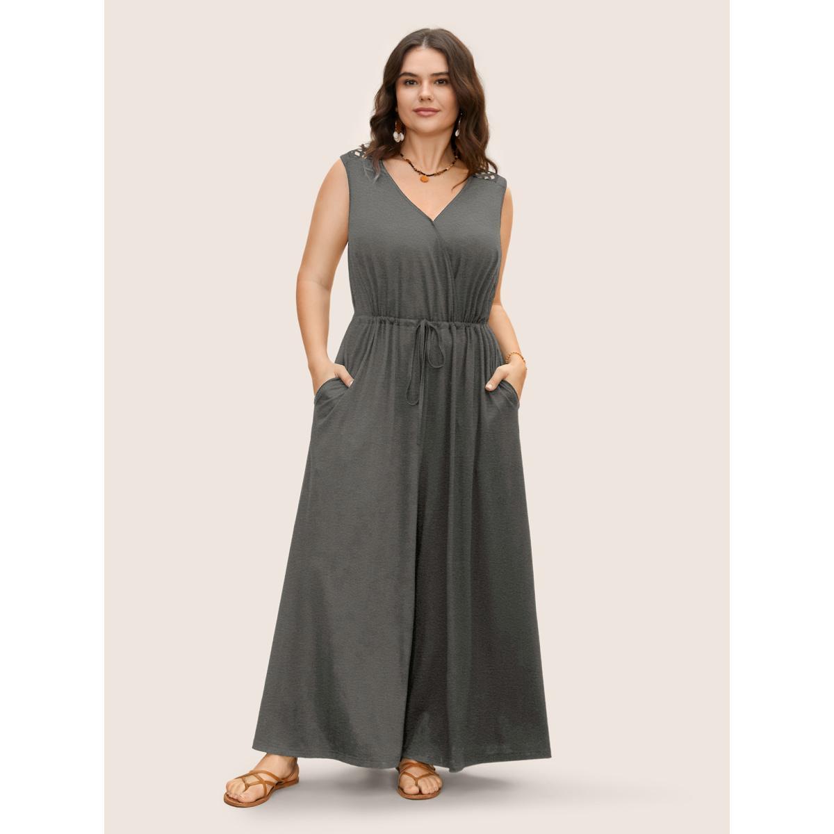 Plus Size DimGray V Neck Crocheted Cut Out Jumpsuit Women Resort Sleeveless V-neck Vacation Loose Jumpsuits BloomChic 22-24/3X Product Image